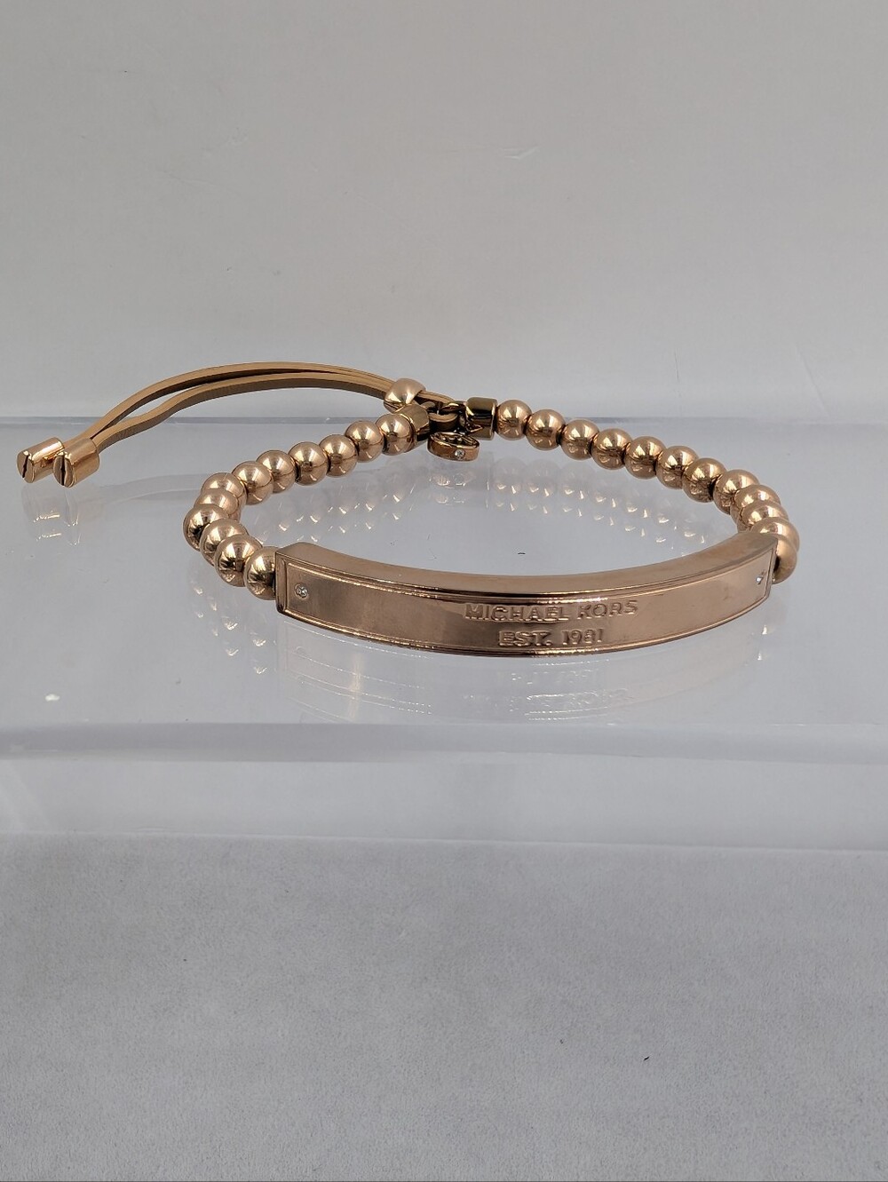 Michael Kors Rose Gold Beaded ID Bar Slider Bracelet Est. 1981 | M296